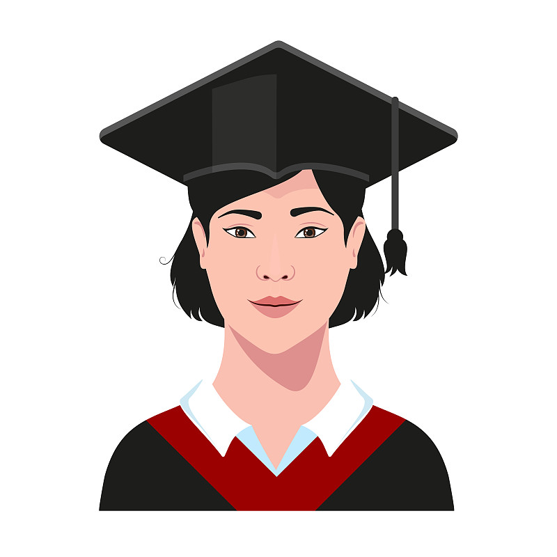 亚洲女大学生，大学毕业生，戴着毕业帽和学位服。矢量插图。图片素材