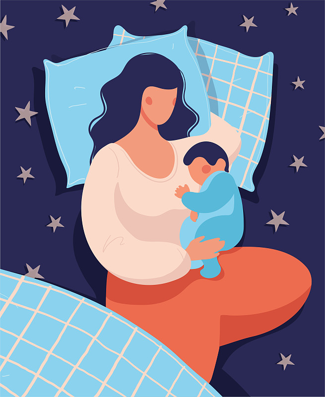 一个女人晚上和她刚出生的婴儿一起睡在床上。母乳喂养的概念说明，与婴儿安全睡眠，母亲，照顾和放松。平面向量插图。图片下载