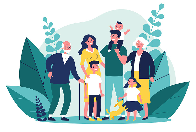 幸福大家庭站在一起，平面矢量插画图片