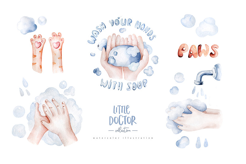 洗你的手的孩子海报水彩画与猫爪子。手绘。洗手。以卡通风格绘画。个人卫生图片下载