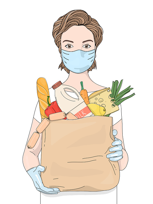 一个戴着面具和手套的女人，拿着一个从超市买来的纸袋，白色背景上是食物。食品安全交付。图片素材