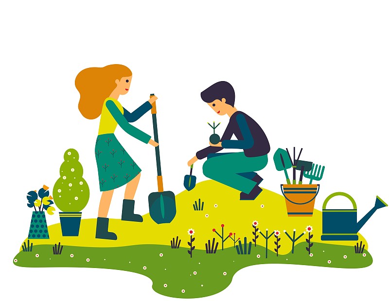 年轻夫妇在一个花园种植花卉与一桶园艺用具和浇水罐旁边-平面矢量插图图片下载