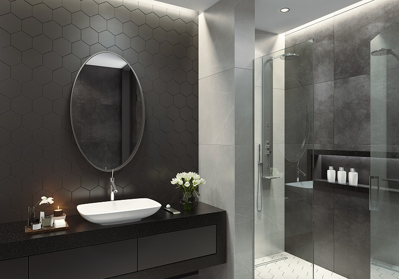 现代黑白浴室与六角形瓷砖图片下载