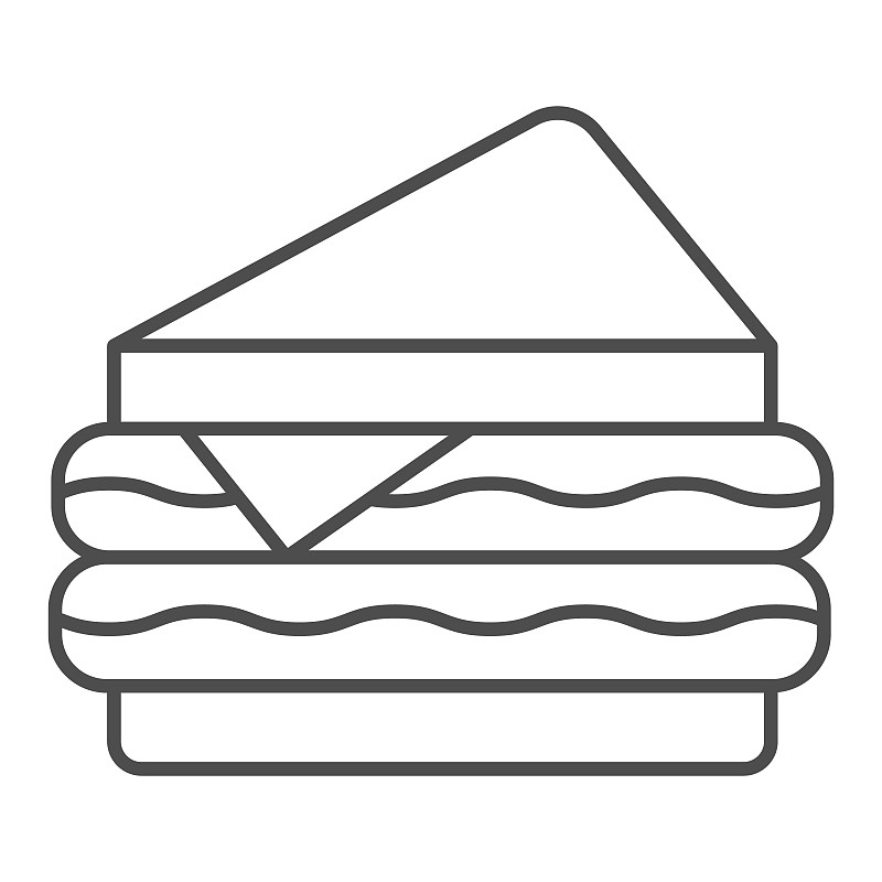 三明治细线图标,街头食品概念,面包与奶酪和肉类标志在白色的背景