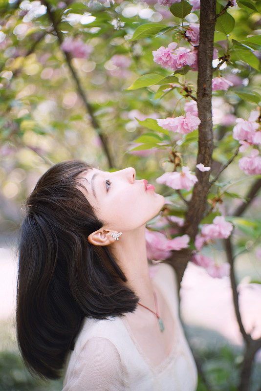 一个女人在看树上粉红色的花图片素材
