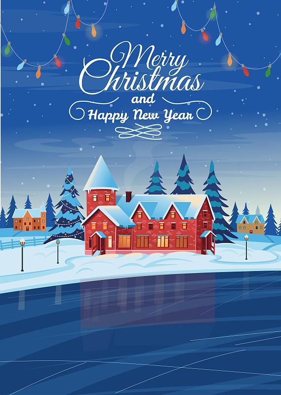 冬夜景观有房子，圣诞树和冰冻的湖。矢量绘图插图在平面卡通风格。垂直的背景。圣诞贺卡。图片下载