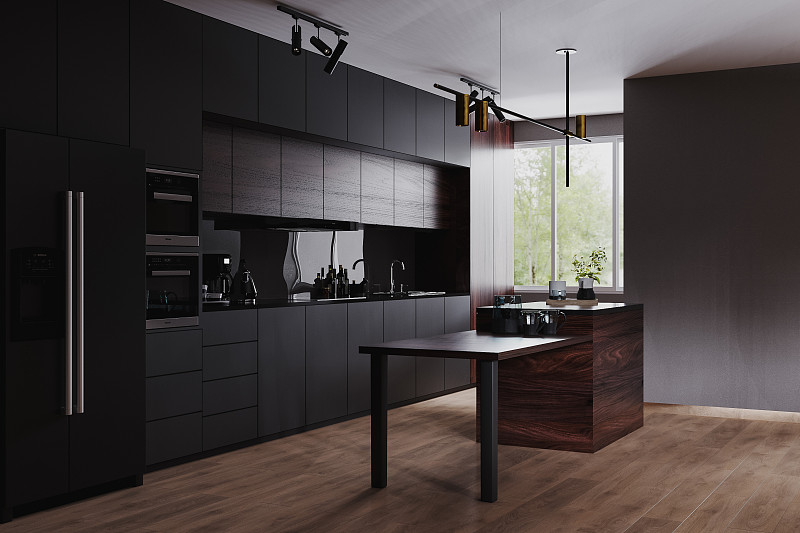 现代黑色厨房和餐厅内部家具和厨具，灰色，黑色和深色木材厨房内部背景，豪华厨房，3d渲染图片素材