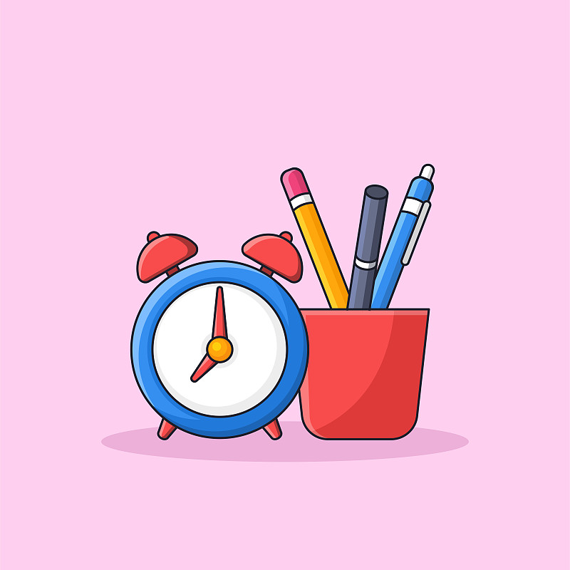 school tools inside a cup with alarm clock simple vector illustration. pencil, pen, marker student item for back to school concept. cartoon style outline flat design图片素材