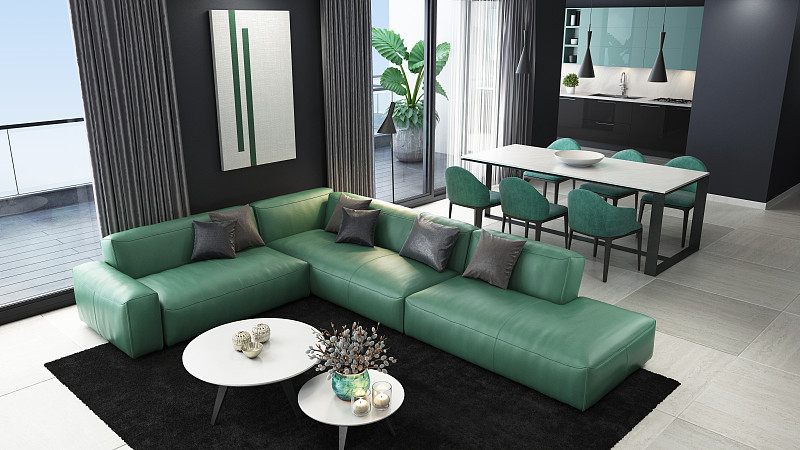 豪华的黑色和绿色的室内客厅与现代极简主义意大利风格的开放空间厨房图片下载
