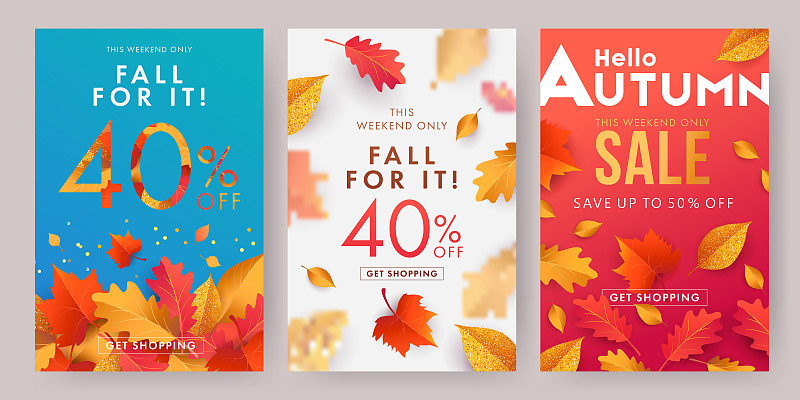 秋季销售横幅，海报或传单集。矢量插图与框架明亮美丽的叶子在白色，蓝色和红色的背景。图片下载