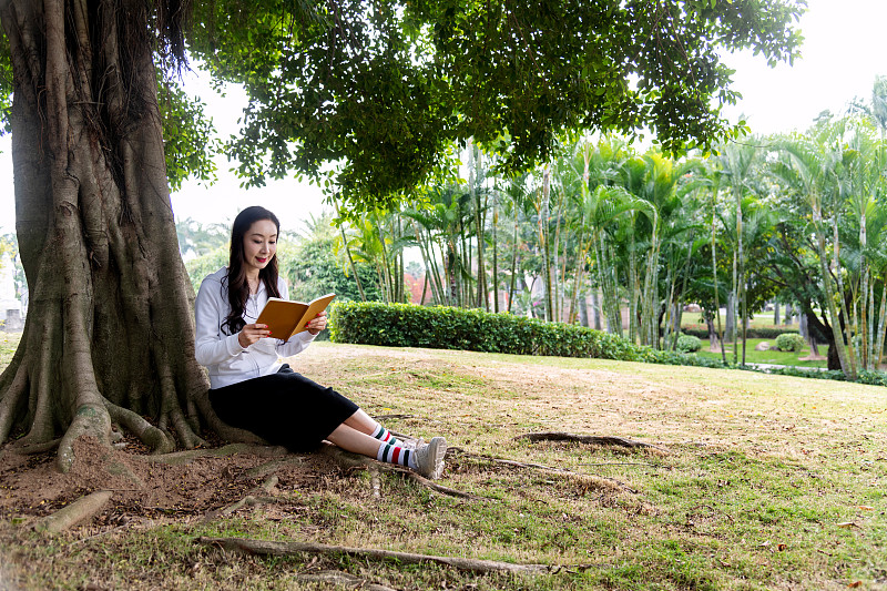 一个年轻女子在树下看书图片素材
