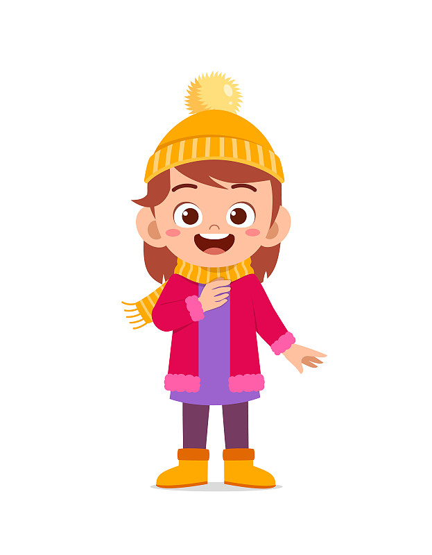 happy cute little kid play and wear jacket in winter season. child smile wearing warm clothes图片下载