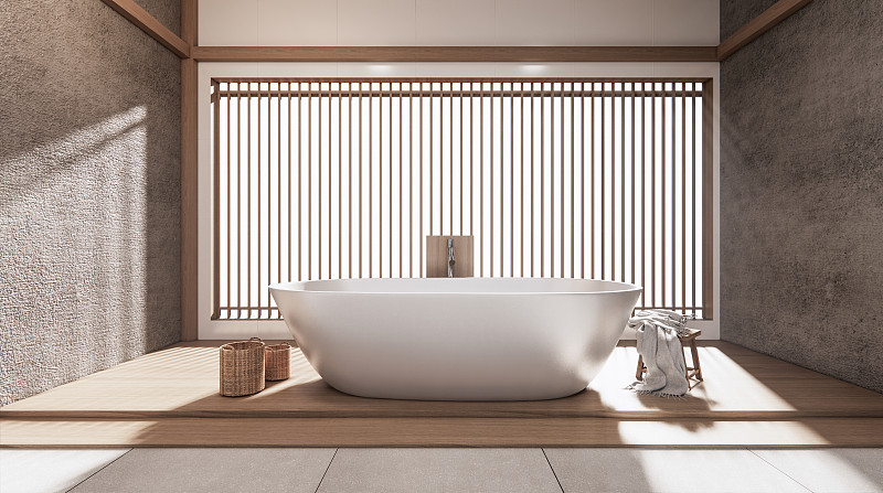 热带浴室日式风格。3d渲染图片素材
