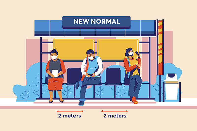 新常态的生活方式在公交车站和公交车站的物理距离矢量插图概念图片素材