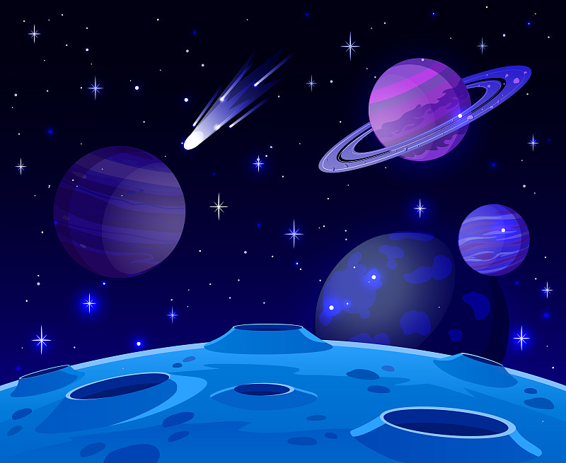 卡通空间景观。宇宙行星表面，未来的天体景观，星系恒星和彗星视图矢量背景插图图片下载