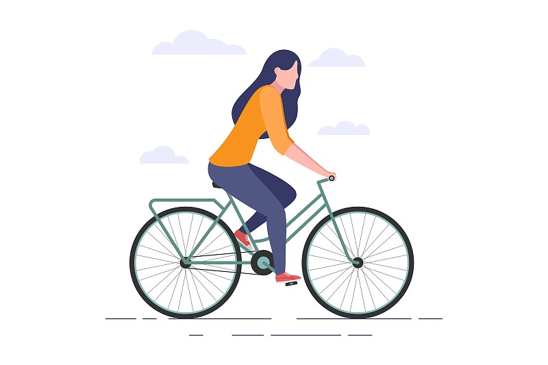 骑自行车的女人。女人骑着自行车，后面有云。平面风格矢量网页插图孤立的白色背景。图片素材