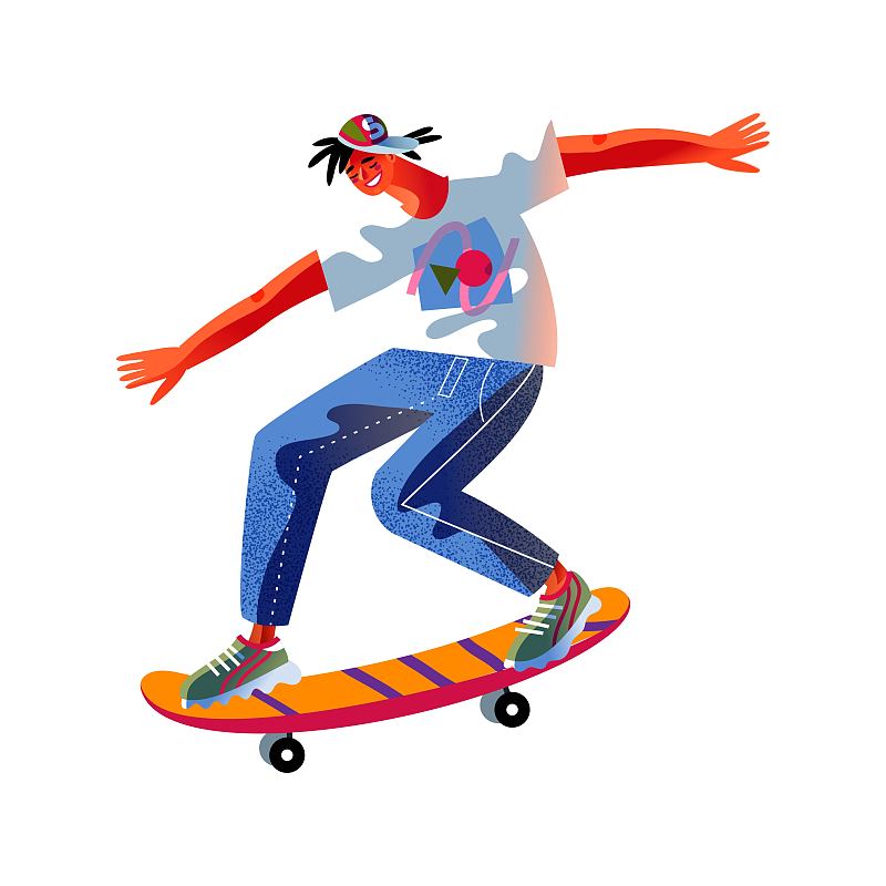 骑滑板的年轻人。快乐男孩溜冰板上的速度，孤立在白色的背景。娱乐在滑板公园操场矢量插图。现代青年休闲图片下载