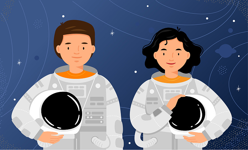 两名宇航员站在星空背景上。男女宇航员肖像。图片素材