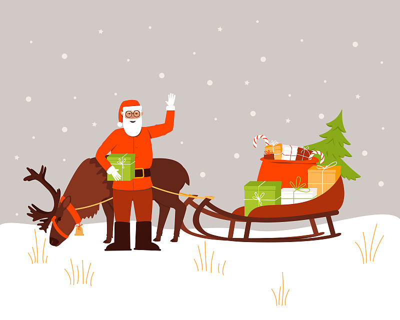 圣诞老人站在驯鹿和雪橇旁边，上面放着礼物图片下载