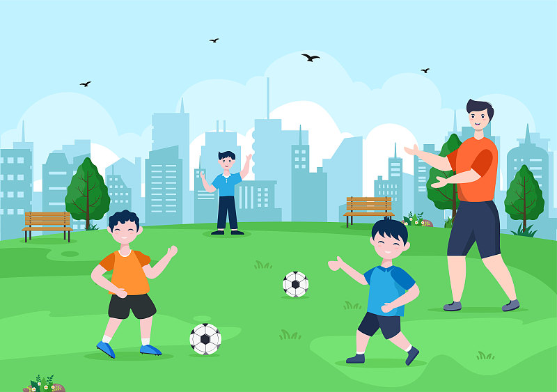 和男孩一起踢足球穿运动服在场上踢、抱、守、挡、攻等多种动作。矢量图下载