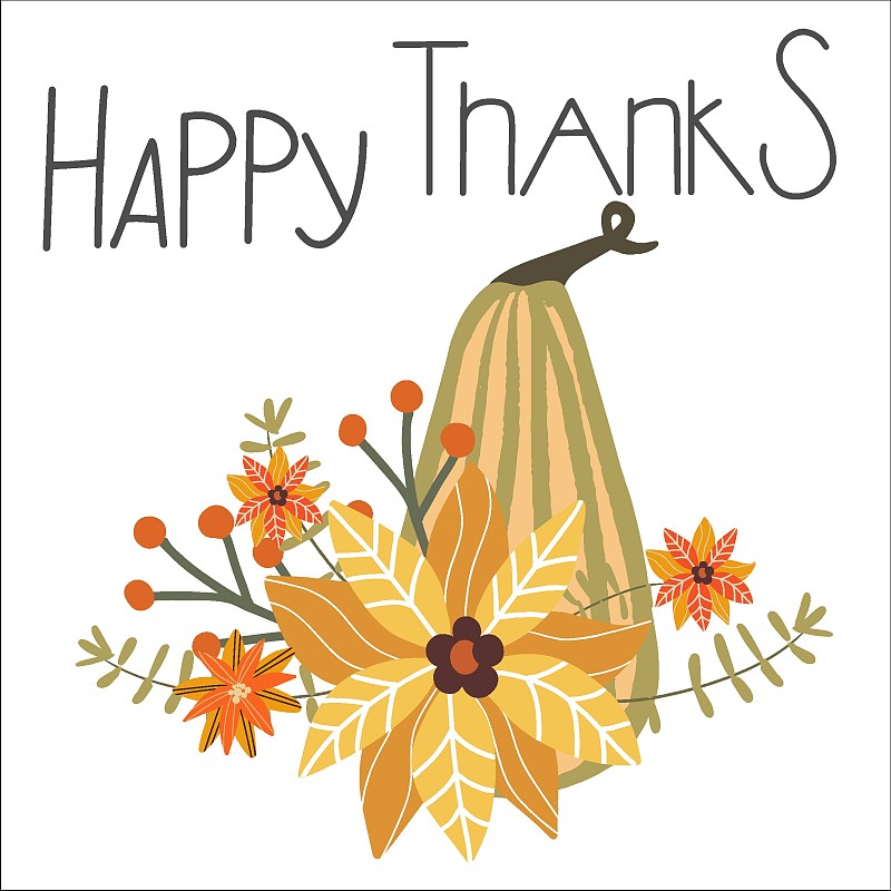 用南瓜和抽象画的花来写“快乐的感谢”，适合印在感恩节装饰画丰收节的请柬上，印在带有秋天主题的t恤上。图片下载