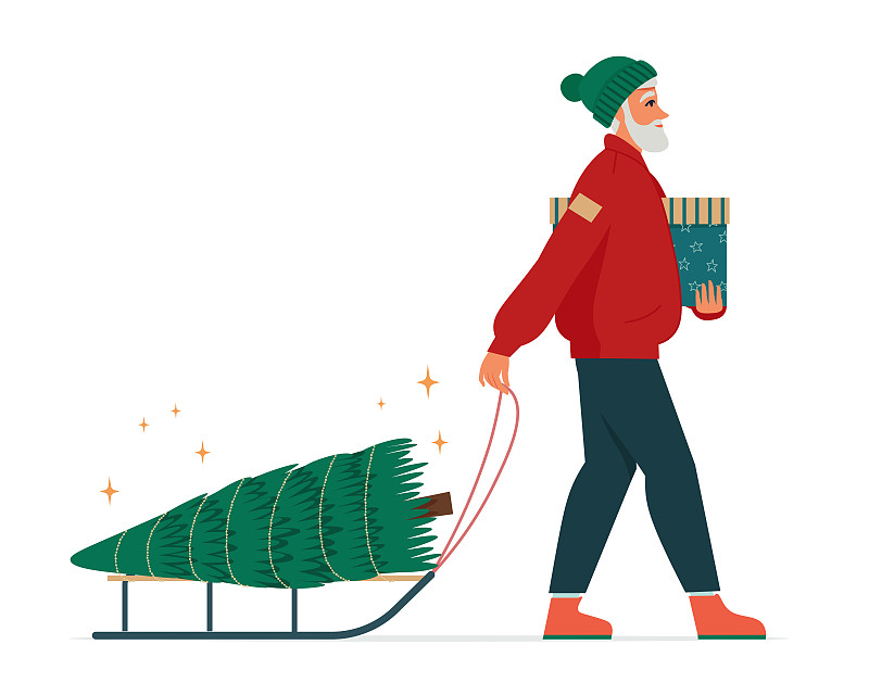 一位老人穿着暖和的衣服，用雪橇拉着圣诞树，手里拿着礼物盒。圣诞，冬季的季节性卡片。矢量平面插图图片下载