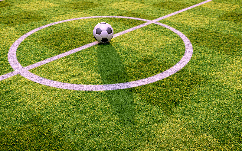 足球场上的中锋和带影子的球。三维渲染图片下载