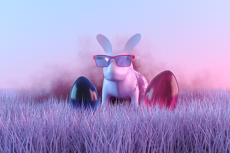草地上霓虹灯下的复活节彩蛋和兔子图片下载