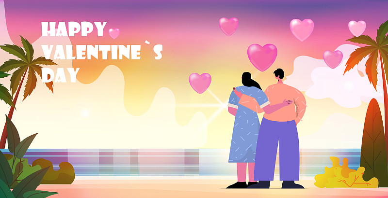 爱的夫妇站在一起，男人和女人在热带海滩上庆祝快乐的情人节图片下载