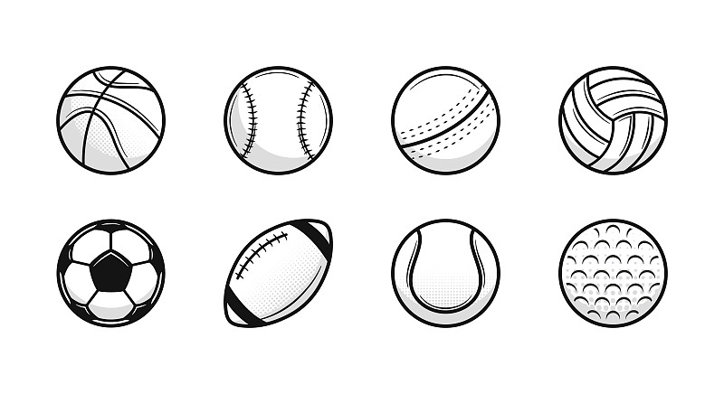 一套8运动复古球图标。板球，棒球，美式橄榄球，足球，排球，高尔夫，篮球，网球。时尚的标志设计。矢量插图。图片下载