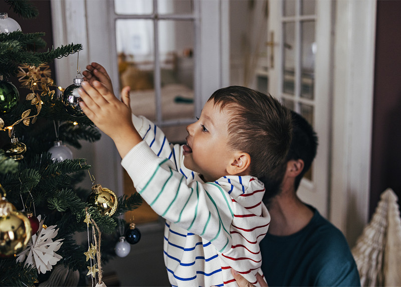 可爱的小男孩正在装饰圣诞树图片下载