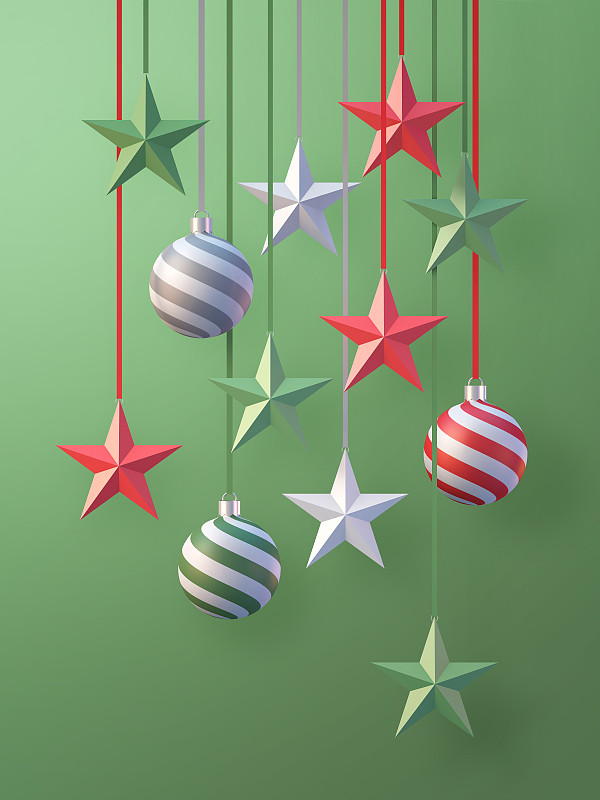 圣诞和新年装饰背景与圣诞球和丝带的绿色背景，3D渲染背景图片下载