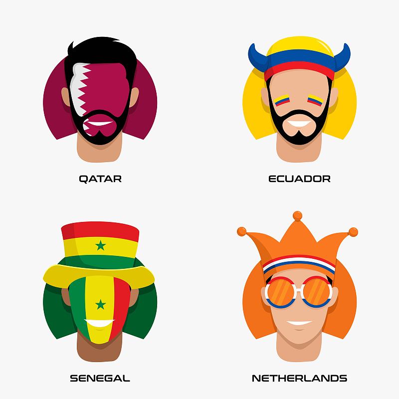 矢量设计插图收集足球球迷的笑脸与卡塔尔，厄瓜多尔，塞内加尔，荷兰国旗的帽子为A组。图片下载