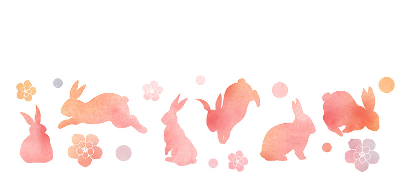 粉色水彩画各种兔子花图片下载