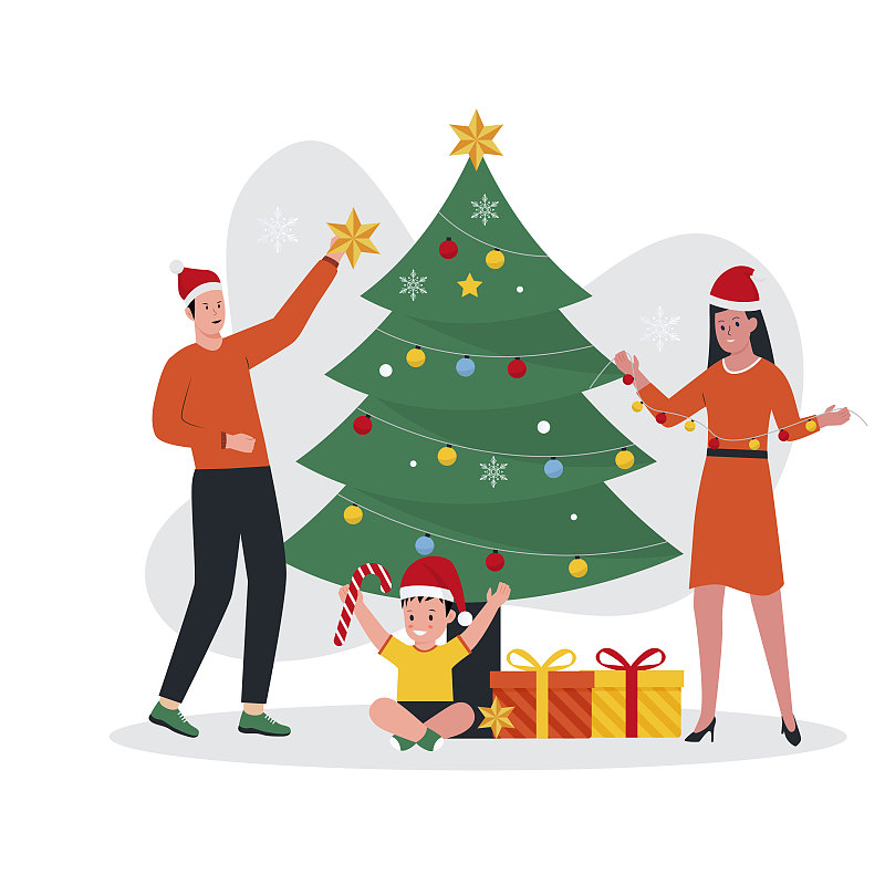 平面设计的幸福家庭一起装饰圣诞树图片下载