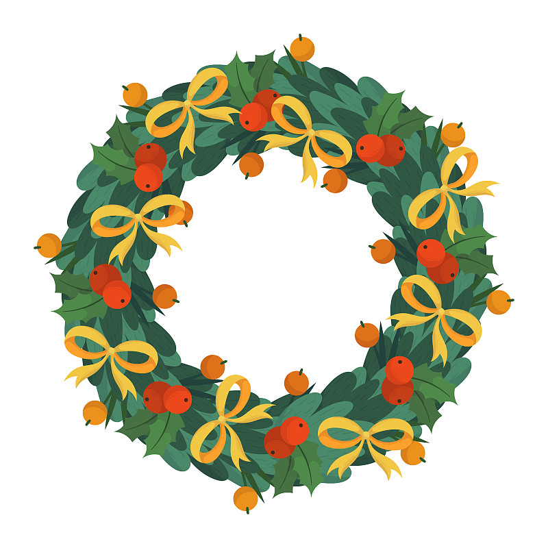 孤立的圣诞树花环，冬季装饰植物，杉木或松树枝，红浆果，树叶和节日弓图片下载