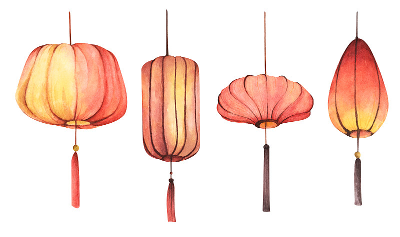 一套中国传统纸灯笼。水彩插图。图片下载