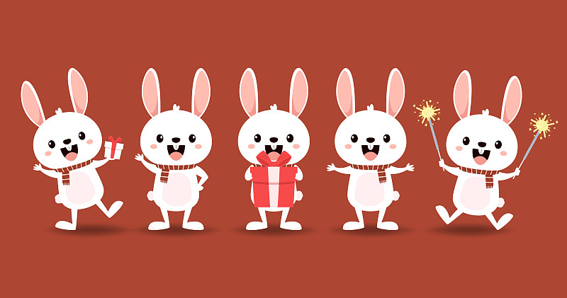 用可爱的兔子制作2023年春节快乐贺卡。动物节日卡通人物。兔子图标矢量。图片下载