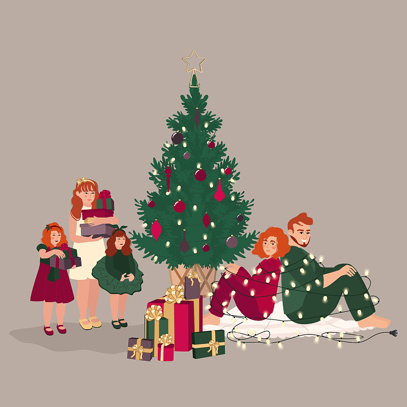 幸福的家庭和孩子们围着圣诞树图片下载