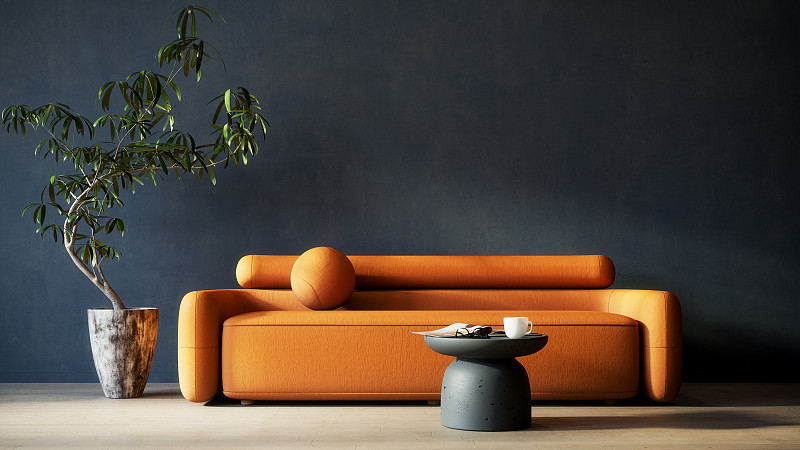 橙色沙发和黑色空墙背景的现代内饰图片下载