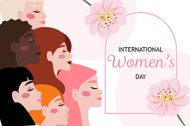 国际妇女节插图与不同的女性面孔。图片下载