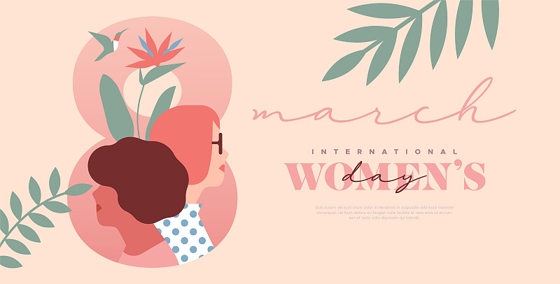 3月8日妇女节粉红热带叶女人卡图片下载