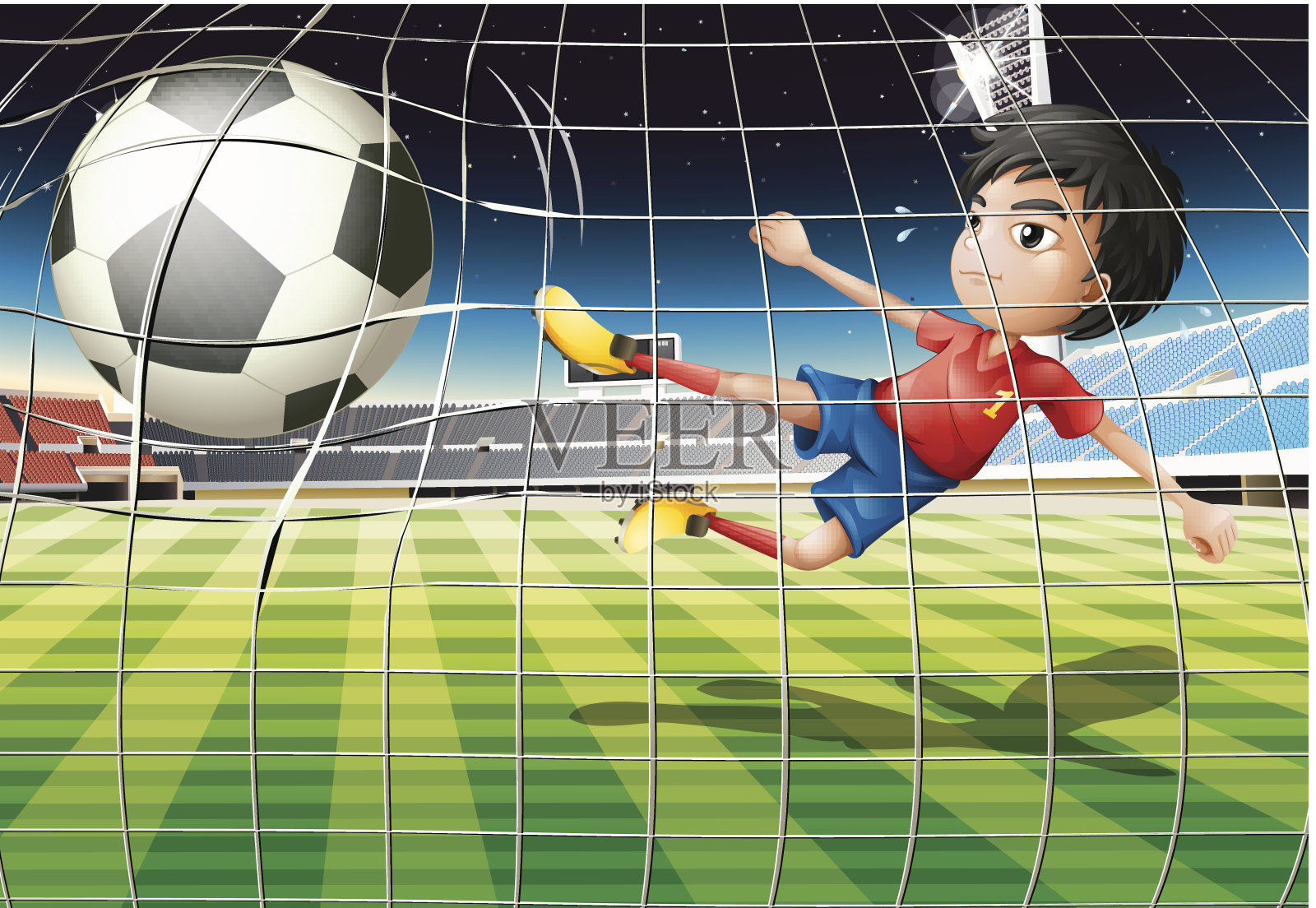 男孩在足球场上踢球插画图片素材