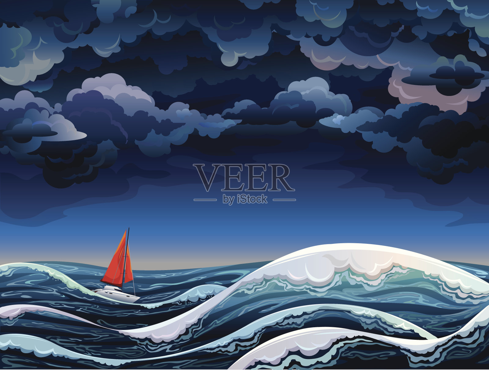 红色的帆船和暴风雨的天空插画图片素材