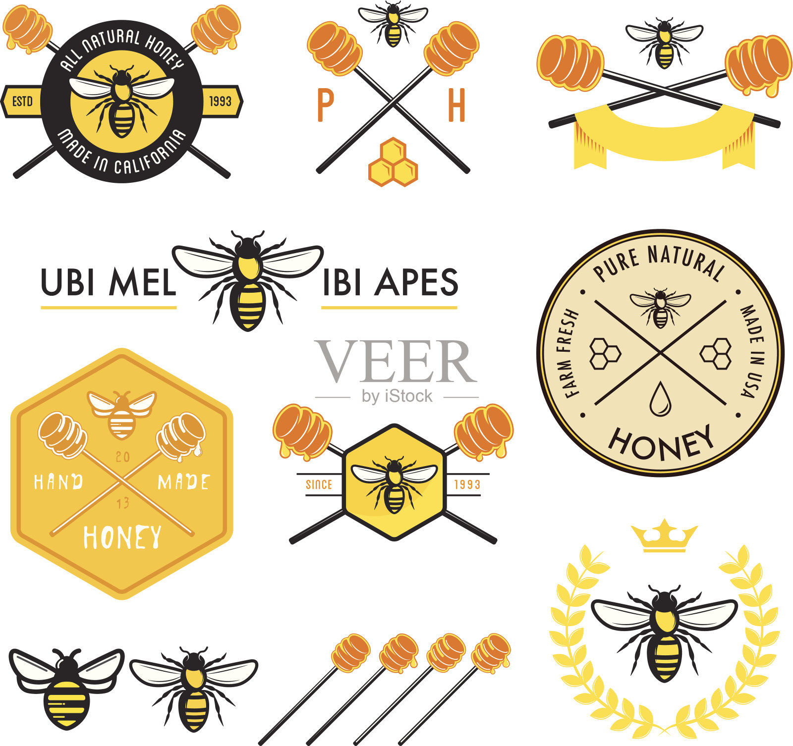 蜂蜜标签，徽章和设计元素插画图片素材