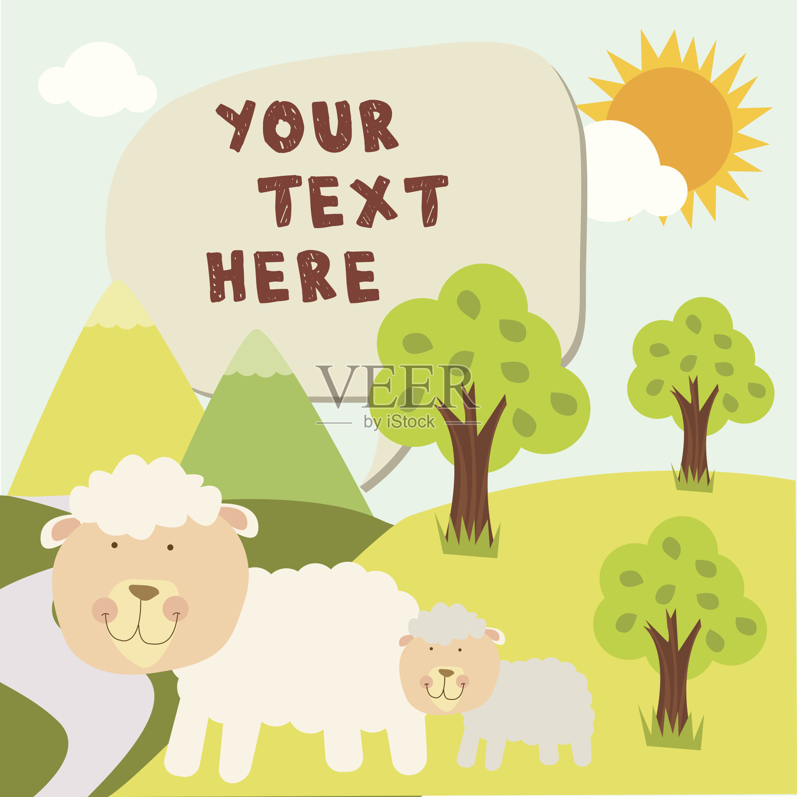 可爱的绵羊和儿子在森林与信息框插画图片素材