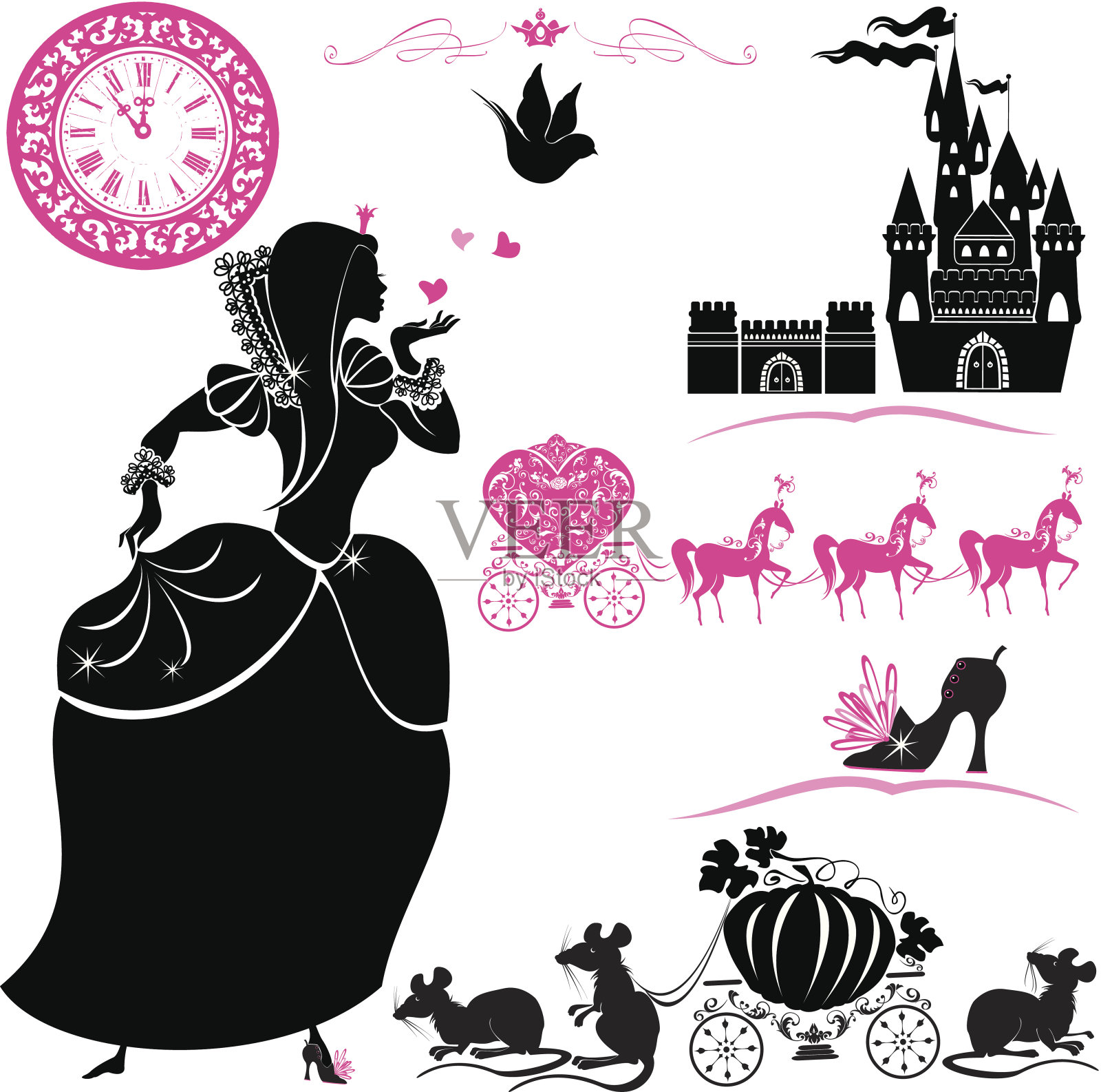 童话布景-灰姑娘的剪影，南瓜马车与老鼠插画图片素材