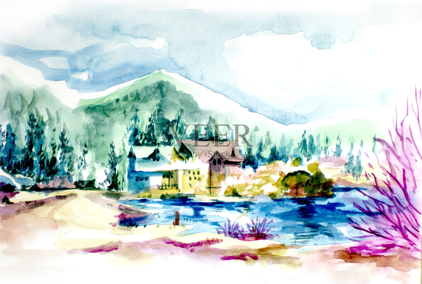 别墅度假村在湖边的山插图插画图片素材