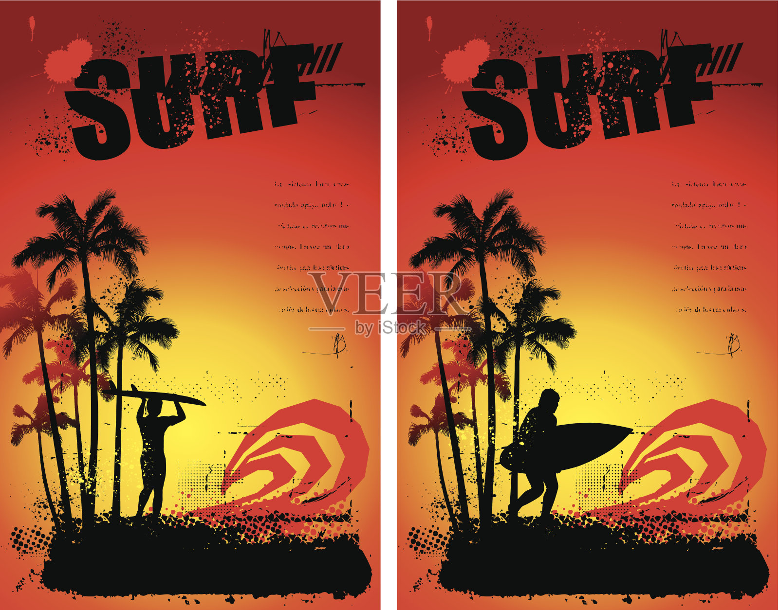 两个垃圾摇滚冲浪海报与日落和冲浪者插画图片素材