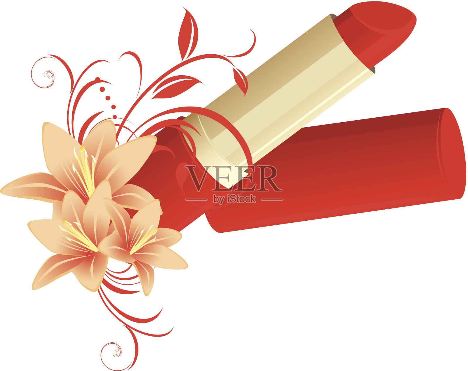 口红和带有花卉装饰的百合花设计元素图片